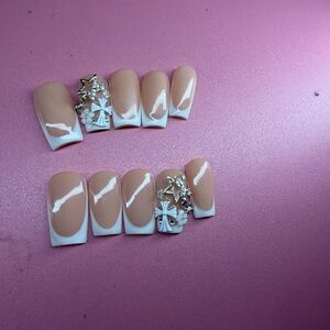 Chic Nude and White Press-On Nails with Star Accents